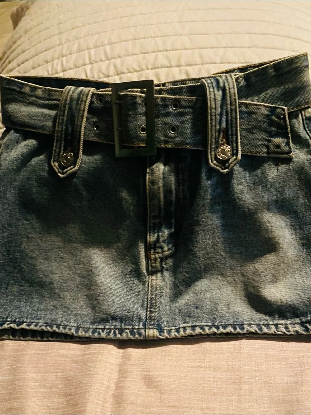 Denim Belted Mini Skirt with Square Buckle - Blue